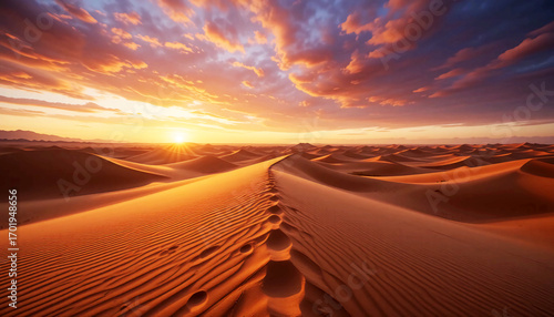 Vibrant orange hues illuminate the vast desert landscape as the sun dips below the golden dunes, painting the sky with a breathtaking spectacle of nature's beauty