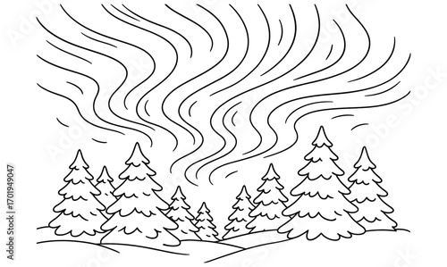 Aurora borealis over snowy pine trees in winter forest illustration design for cards and posters