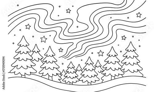Aurora borealis over snowy pines in winter night sky scene - ideal for coloring or winter themed designs