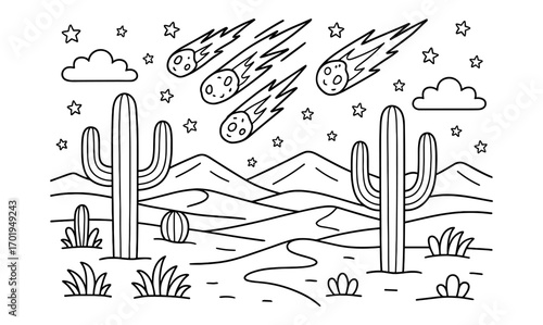 Desert meteor shower coloring page with cacti for relaxation and creativity