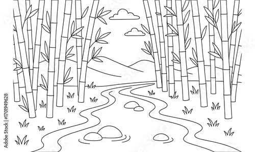 Tranquil bamboo forest scene with flowing river and hills for coloring book design