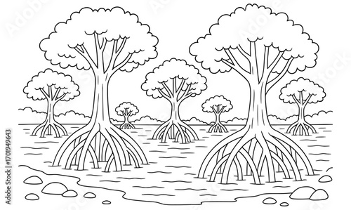 Mangrove swamp coloring page for kids and adults - nature art and relaxation