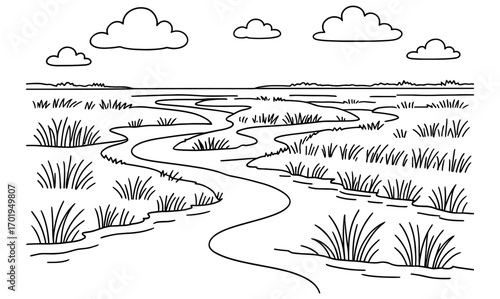 Salt marsh landscape coloring page for relaxation and creative fun