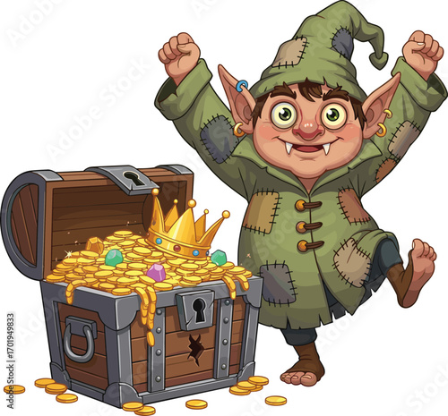 Happy cartoon goblin celebrating treasure chest full of gold coins, gems, and crown, fantasy character, rich elf illustration, fun