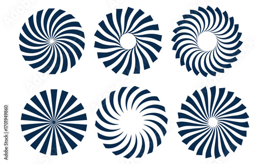 Set of black circle rotating rays and beams. Radial sunburst elements pack. Round spinning swirls, stars and twirls pack. Illustration bundle for banner, badge, sticker, poster