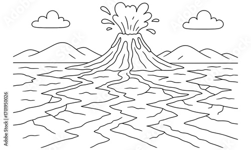 Volcanic eruption scene with lava field and mountains for educational illustration or coloring design