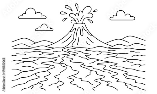 Volcanic eruption landscape with lava field and clouds for coloring book design