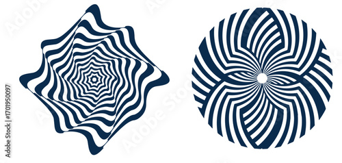 Set of black circle rotating rays and beams. Radial sunburst elements pack. Round spinning swirls, stars and twirls pack. Illustration bundle for banner, badge, sticker, poster