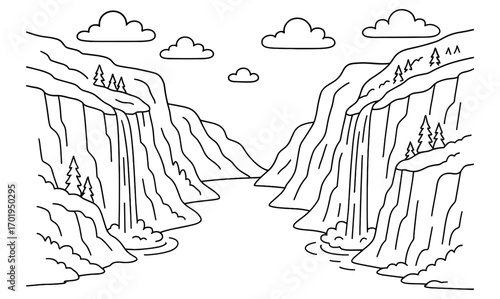 Fjord adventure coloring page for kids featuring scenic waterfalls and clouds for creative art activities