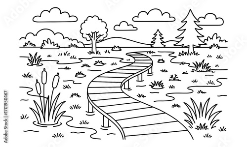 Serene peat bog adventure scene with wooden pathway for nature illustration and coloring