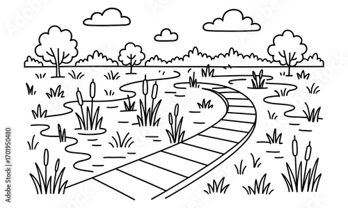 Charming peat bog adventure scene for nature illustration and design