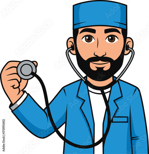 Bearded male doctor wearing blue scrubs and cap, holding stethoscope, healthcare professional, medical examination, hospital staff, patient care, medical worker.