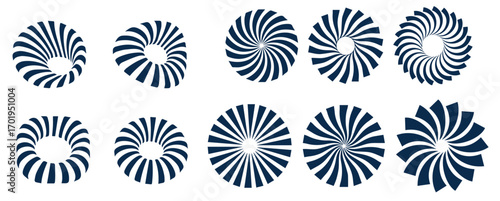 Set of black circle rotating rays and beams. Radial sunburst elements pack. Round spinning swirls, stars and twirls pack. Illustration bundle for banner, badge, sticker, poster