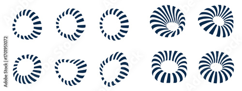 Set of black circle rotating rays and beams. Radial sunburst elements pack. Round spinning swirls, stars and twirls pack. Illustration bundle for banner, badge, sticker, poster