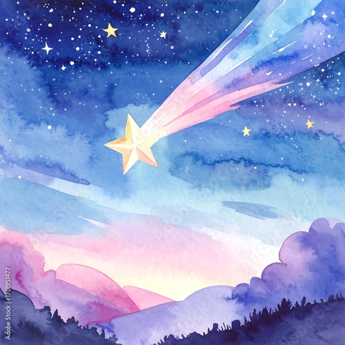 Watercolor painting of a starry night sky with a shooting star