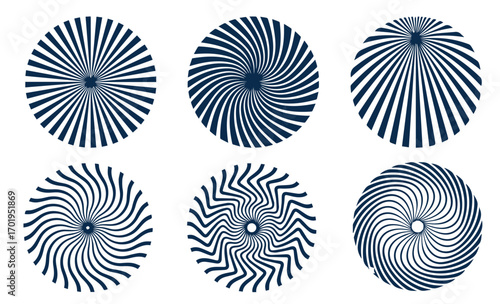 Set of black circle rotating rays and beams. Radial sunburst elements pack. Round spinning swirls, stars and twirls pack. Illustration bundle for banner, badge, sticker, poster