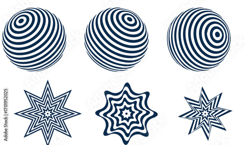 Set of black circle rotating rays and beams. Radial sunburst elements pack. Round spinning swirls, stars and twirls pack. Illustration bundle for banner, badge, sticker, poster