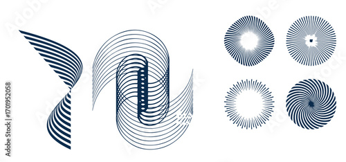 Set of black circle rotating rays and beams. Radial sunburst elements pack. Round spinning swirls, stars and twirls pack. Illustration bundle for banner, badge, sticker, poster