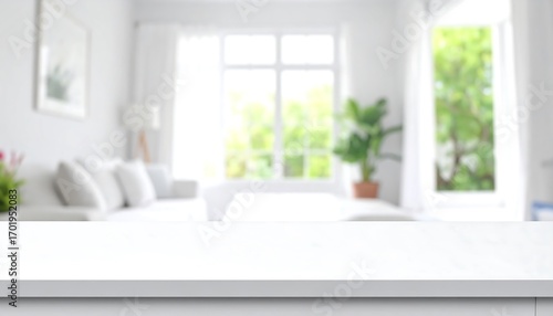 A bright, airy living room scene, softened by shallow depth of field, showcases a pristine white table and a tranquil, natural setting.