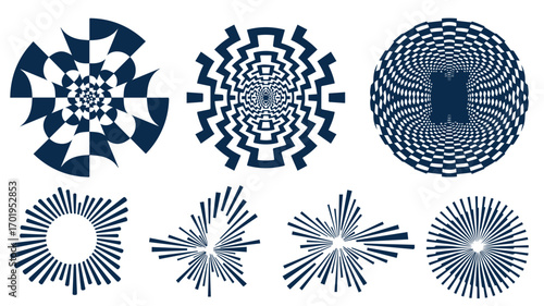 Set of black circle rotating rays and beams. Radial sunburst elements pack. Round spinning swirls, stars and twirls pack. Illustration bundle for banner, badge, sticker, poster