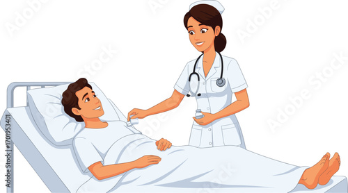 Female nurse caring for male patient in hospital bed, medical healthcare, hospital room, doctor assistant, caring professional, patient care, health support.