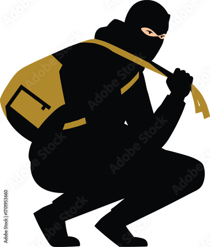 Masked thief with brown sack and key symbol, sneaky burglar crouching, criminal character vector illustration, theft and robbery concept icon