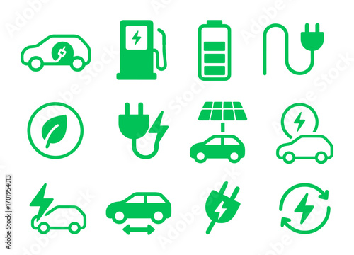 Collection of green icons that represent various aspects of electric cars and charging stations. The icons include a car, a plug, a battery, a solar panel, and a charging station