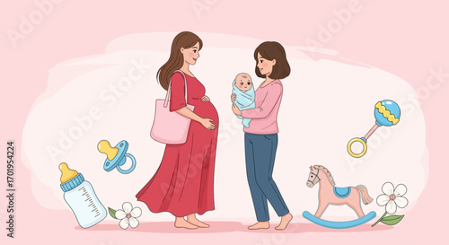Lesbian Couple Expecting and with Newborn Baby LGBTQ Family Illustration