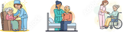 Nurses caring for elderly, senior support, medical care, patient compassion, home health, retirement service, wheelchair help, aging assistance, kindness.