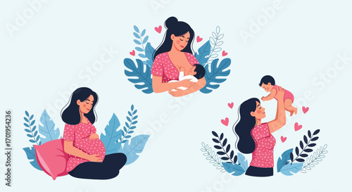 Motherhood Stages Pregnancy Breastfeeding and Baby Care Vector Illustration