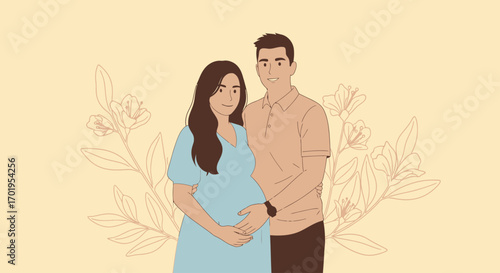 Happy Pregnant Couple Illustration Line Art Maternity Announcement