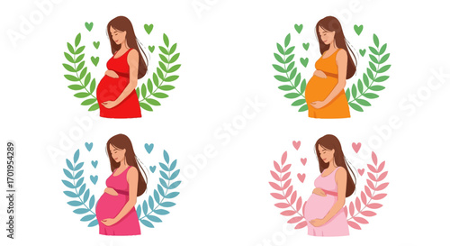 Pregnant Woman Icons Motherhood Pregnancy Baby Expectant Mom Family Four Variations