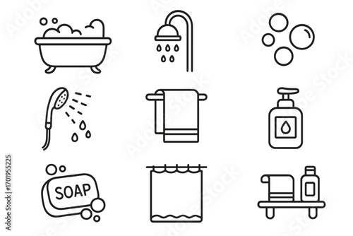 Bathroom line icon set. Bathtub, shower, and soap symbols for hygiene and cleaning. Vector collection for UI design, web, and apps. Includes towel, bubbles, and editable strokes.