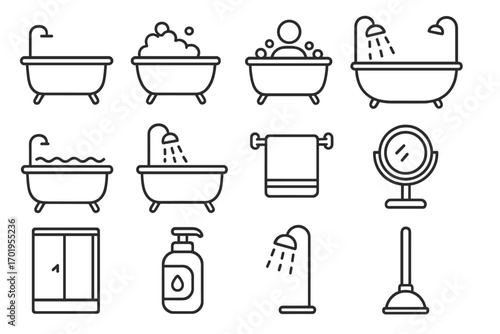 Bathroom line icon set. Bathtub, shower, mirror, towel, plunger icons. Personal care, hygiene, plumbing symbols. Vector illustration with editable stroke for web and apps.