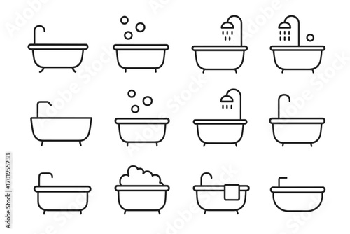 Bathtub line icon set. Simple bath and shower outline symbols. Vector collection for bathroom hygiene and washing concepts. Editable stroke for web, apps, and print design.