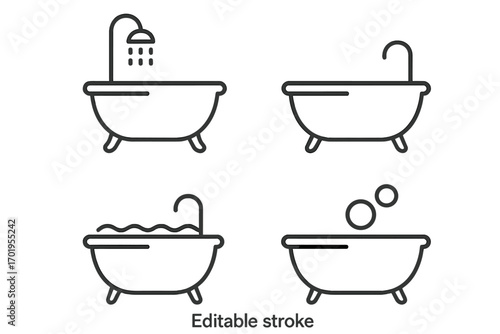 Vector bathtub icon collection with editable stroke. Thin line symbols of bath, shower, water, and bubbles for web design, apps, and print. Bathroom and hygiene concept.