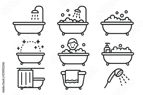 Bathtub and shower line icon set for bathroom hygiene. Vector symbols for washing, bubble bath, and relaxation. Clean simple pictograms for UI, web, and app design.