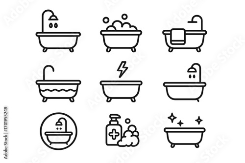Bathtub line icon set. Bathroom hygiene and cleaning symbols. Shower, foam, soap, and clean bath pictograms. Editable stroke vector illustration for web and apps.