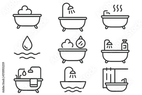 Bathtub line icon set. Bath and shower vector pictograms. Bathroom hygiene and cleaning symbols. Editable stroke simple outline icons for web, ui, ux, app design. Water, soap foam, spa.