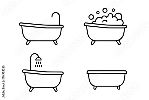 Bathtub line icon set. Simple bath with shower, bubbles and foam vector collection. Bathroom hygiene outline pictogram pack. Minimalist editable stroke clip art for web.