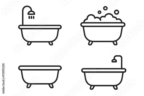 Bathtub line icon collection. Vector set of bathroom symbols including shower, bath with foam bubbles. Simple outline illustration for hygiene, spa, clean, wash concepts.