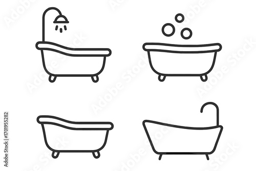 Bathtub line icon set. Simple isolated outline vector illustration. Bathroom wash and hygiene concept. Shower, bath with bubbles, faucet. Editable stroke for web design, apps.