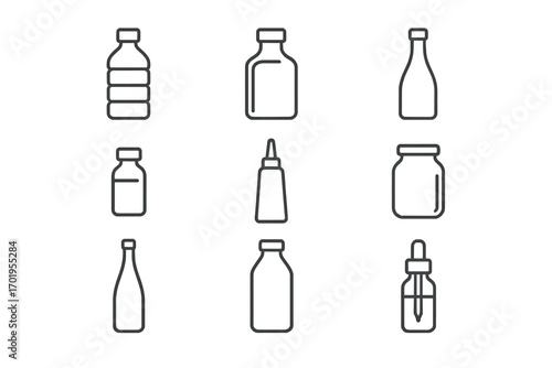 Bottle icon set. Thin line art vector collection of various containers like plastic water, glass, medicine vial, jar, and cosmetic dropper. Editable stroke for web and apps.