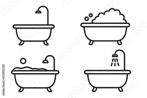 Bathtub thin line icon set. Bathroom fixtures vector collection. Shower, bath with foam bubbles, hygiene and relaxation symbol. Editable stroke illustration for web, apps.