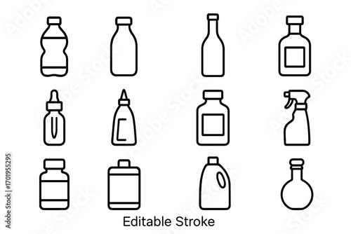 Bottle line icon set. Collection of container, package symbols. Vector outline illustration of drink, cosmetic, medicine, pill, spray and detergent bottles. Editable stroke.