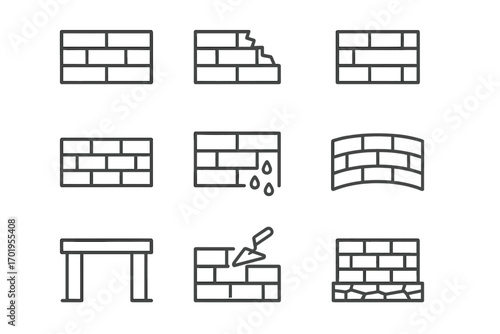Brick wall line icon set. Construction and building symbols. Masonry, bricklaying, broken wall, foundation, trowel. Vector outline pictogram collection for web and apps. Editable stroke.