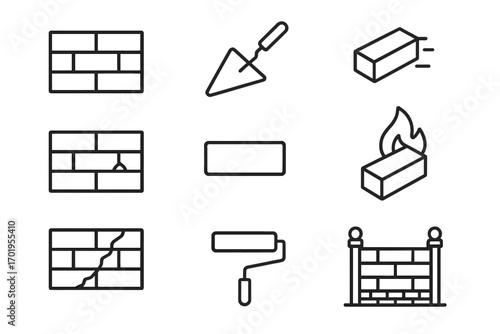 Brick wall construction icon set. Masonry and building thin line icons. Vector symbols for trowel, paint roller, cracked wall, fence, and burning brick. Editable stroke.