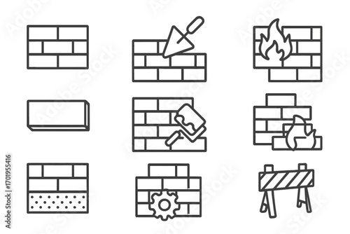 Brick wall thin line icon set. Construction, building, and masonry concepts. Vector icons of bricklaying, trowel, firewall, paint roller, foundation, and barrier.
