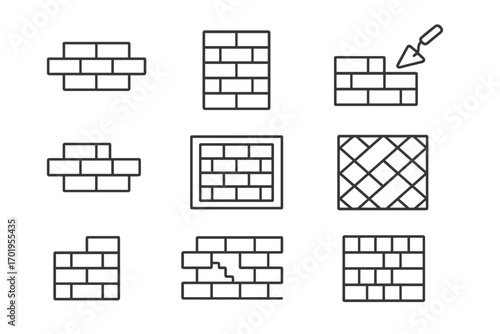 Brick wall line icon set. Construction and building concepts. Brickwork, masonry, broken wall, trowel tool. Editable stroke vector illustration for web, apps. Outline icons.