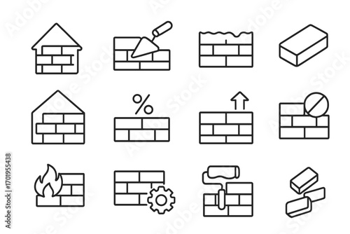 Brick wall construction line icon set. Masonry, building, house concepts. Vector icons include trowel, paint roller, firewall, home, growth, editable stroke for web, apps.